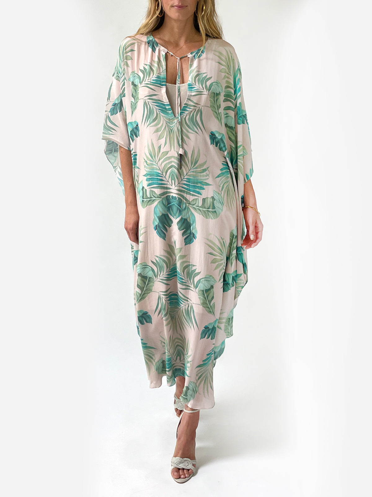 Palm Leaf Silk Caftan  | Blush