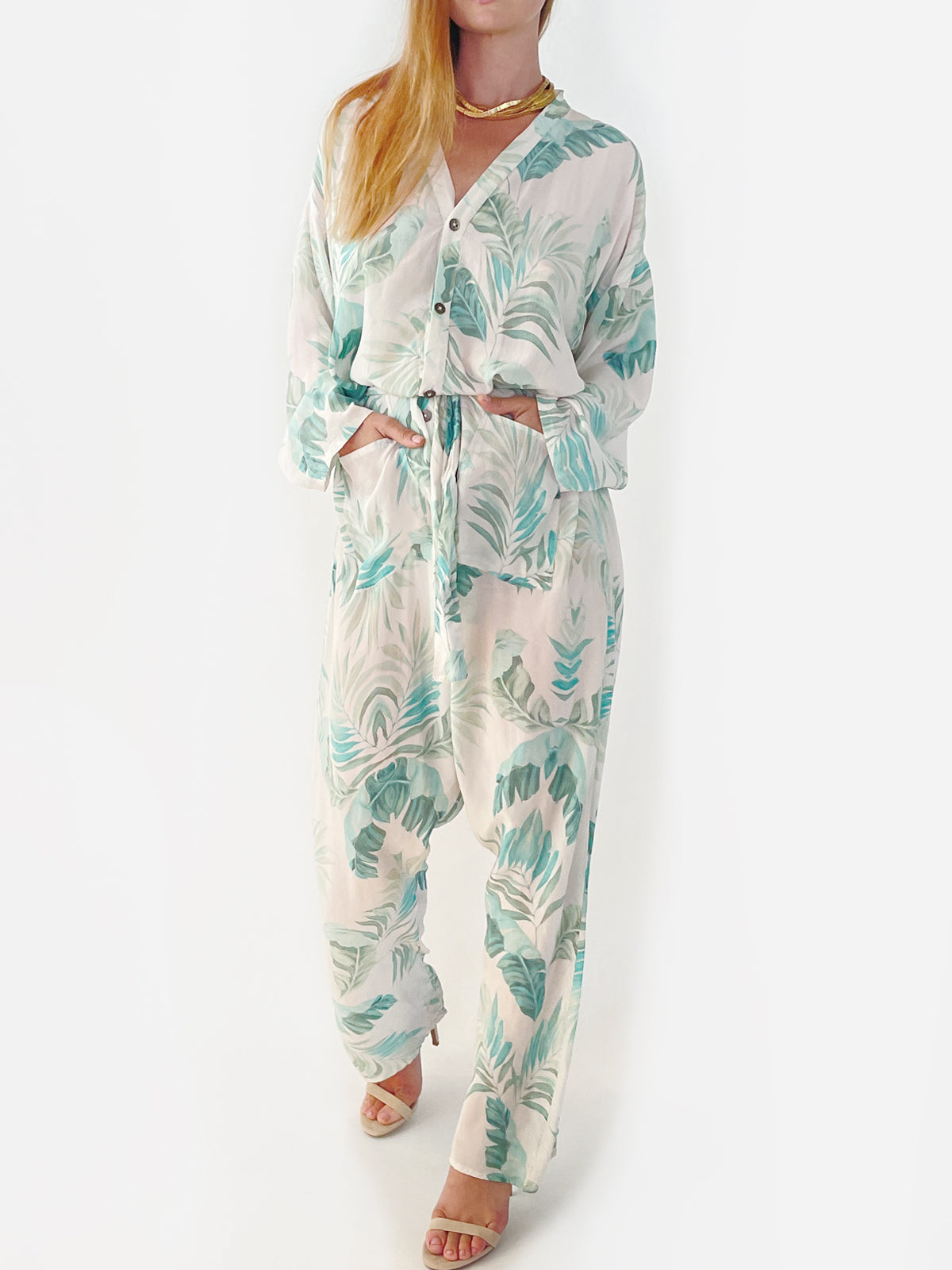 Palm Leaf Silk Jumpsuit | Cream