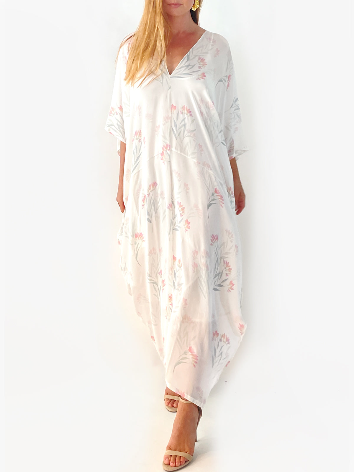 Tropical Wallpaper Silk Caftan | Cream