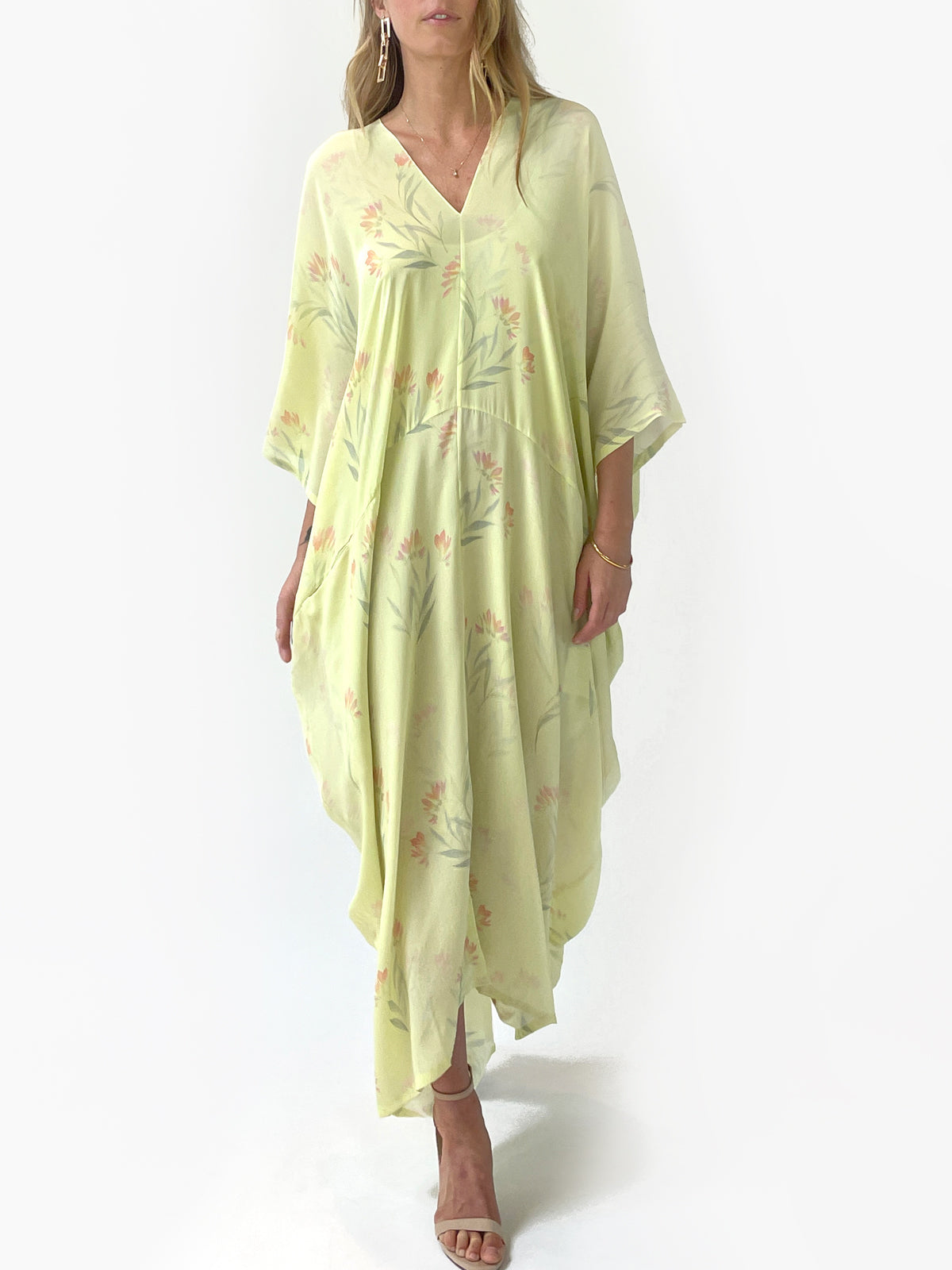 Tropical Wallpaper Silk Caftan | Yellow