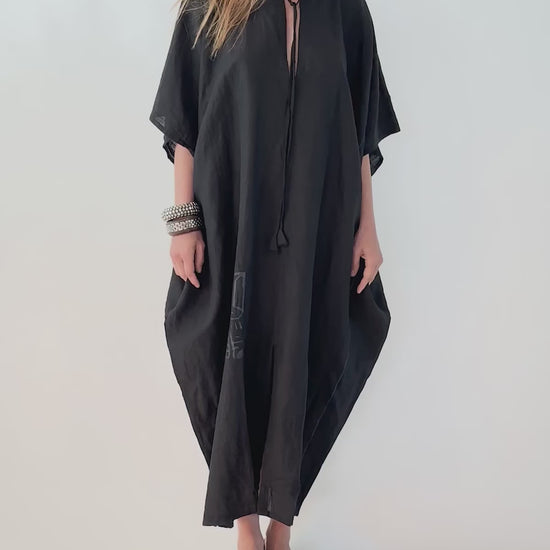 VACANCES Tulum Black Block Print Caftan